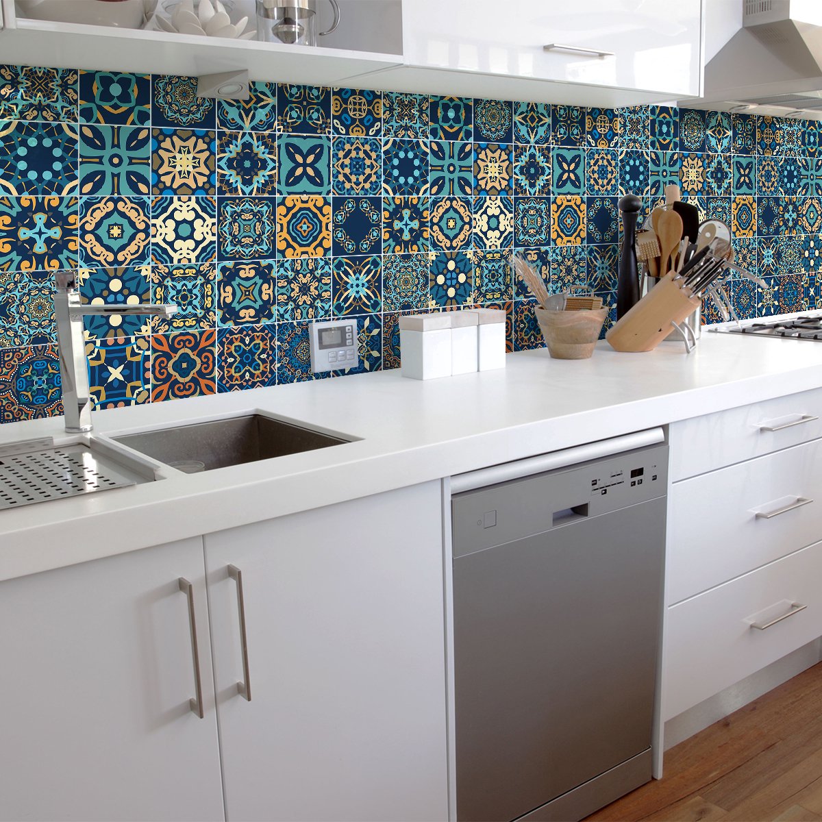 Ambiance Sticker Zelfklevende tegelmuurstickers voor keuken en badkamer - 30 cementtegelstickers, Azulejos Domitia-stijl - 30 stickers, 10x10 cm Multi color