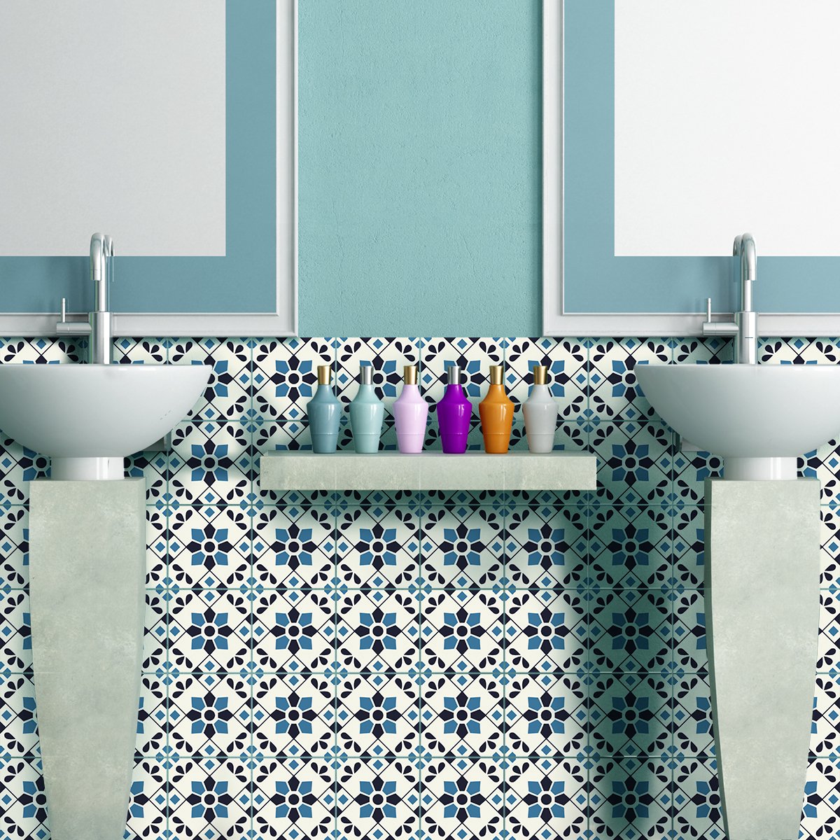 Ambiance Sticker Zelfklevende tegelmuurstickers voor keuken en badkamer - 30 cementtegelstickers, Azulejos Ondina - 30 stickers, 20x20cm Multi color