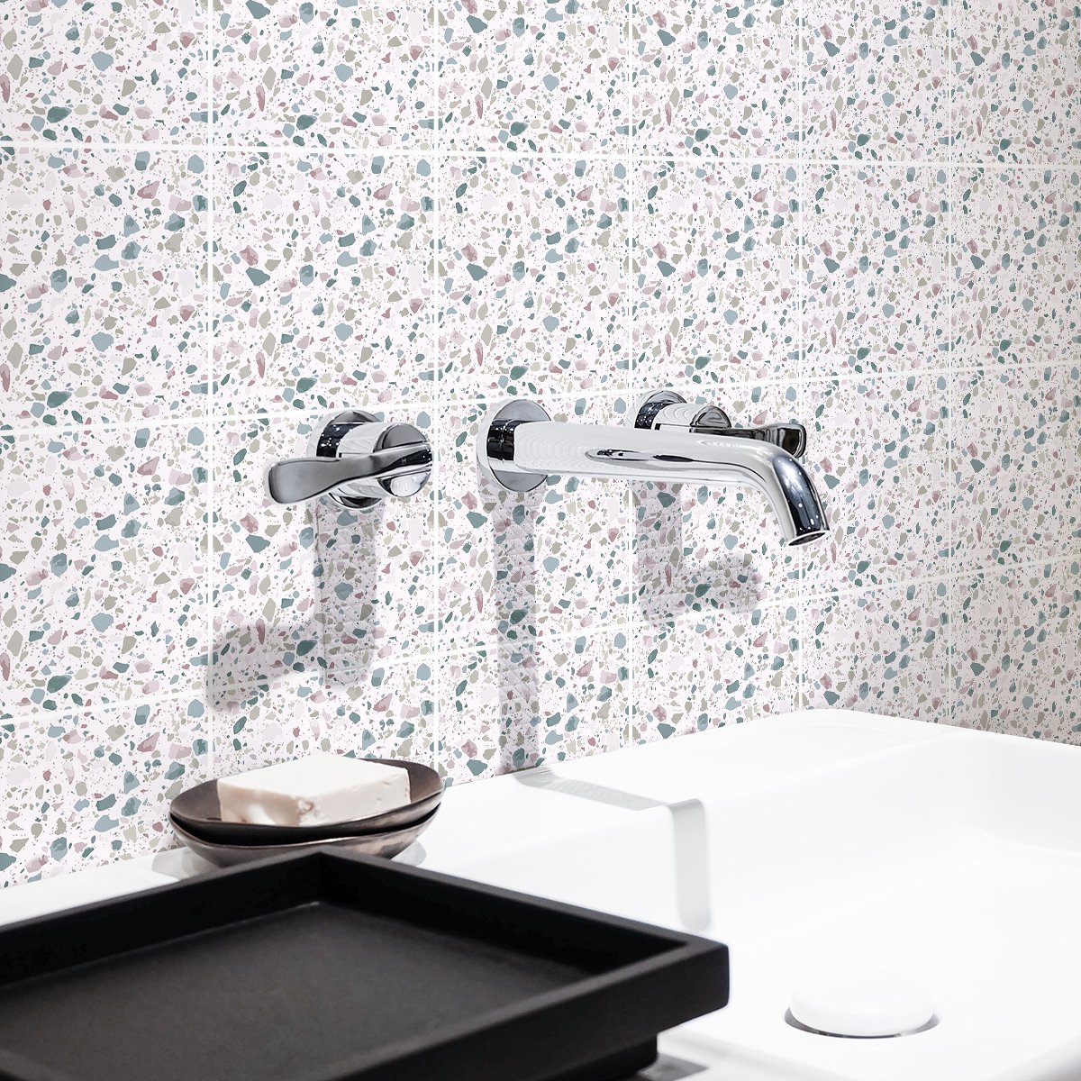 Ambiance Sticker Muurstickers - Zelfklevende tegelmuurstickers voor keuken en badkamer - 9 Terrazzo Rocco tegelstickers - 9 stickers van 15x15 cm Multi color