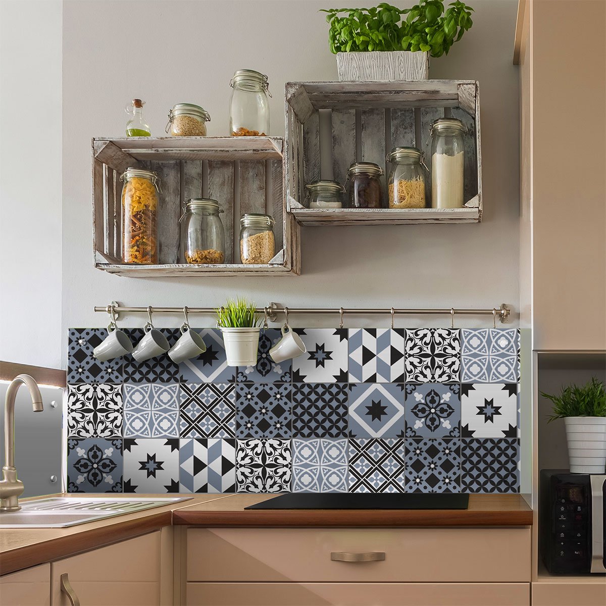 Ambiance Sticker Zelfklevende tegelmuurstickers voor keuken en badkamer - 9 cementtegelstickers (AZULEJOS JUNITA) - 9 stickers, 20x20cm Multi color