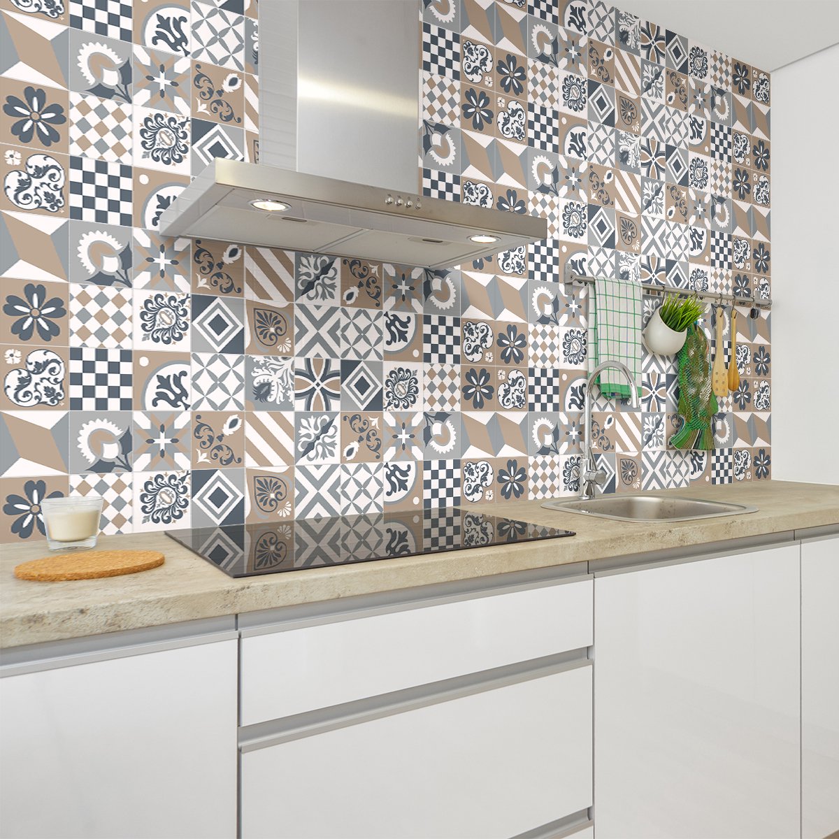 Ambiance Sticker Zelfklevende tegelmuurstickers voor keuken en badkamer - 60 cementtegelstickers, Azulejos Charlotina-stijl - 60 stickers, 20x20 cm Multi color