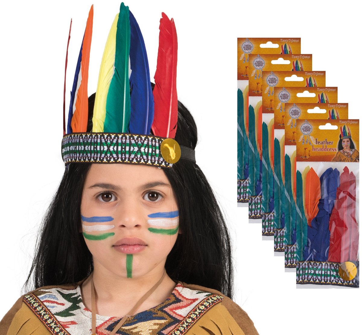 Indiaan verkleed hoofdtooi/hoofdband met veren - 6x - voor kinderen - Wilde westen verkleedkleding