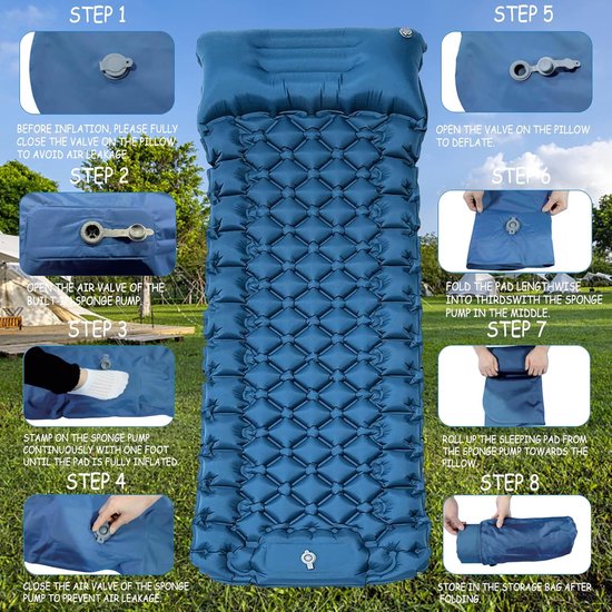 elfopblazende slaapmat voor de camping, zelfopblazend, strandmat, verdikt, opblaasbaar matras met voetperspomp, opvouwbare slaapmat voor wandelen, outdoor, strand, blauw van Merkloos — afbeelding 4