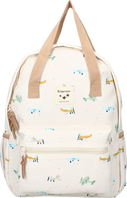 Beige rugzak met een patroon van vliegende vliegtuigjes. Twee handvatten, een voorvak met rits en zijvakken.