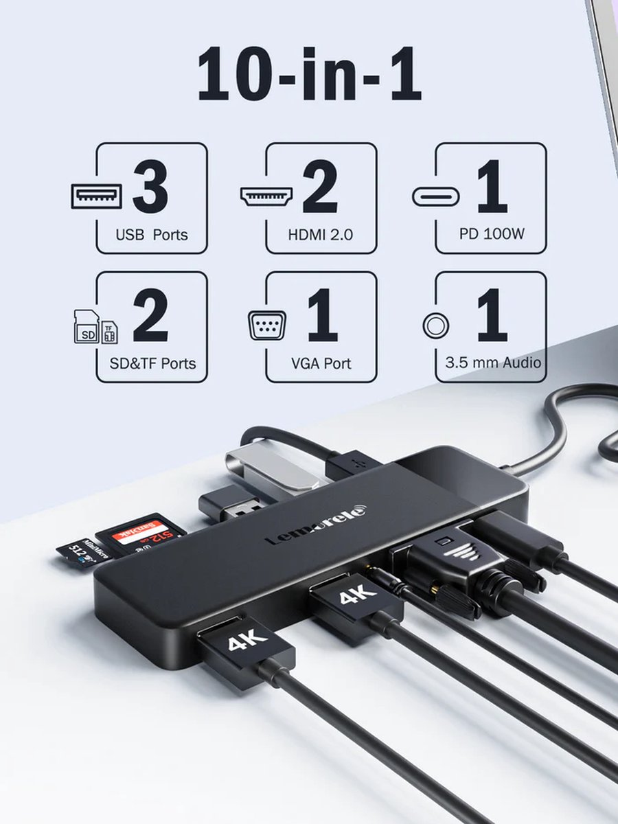 Lemorele TC94 10-in-1 USB-C Docking Station Dual HDMI 4K VGA USB 3.0 SD TF Audio 100W PD voor Windows MacBook Dell HP - Afbeelding 5