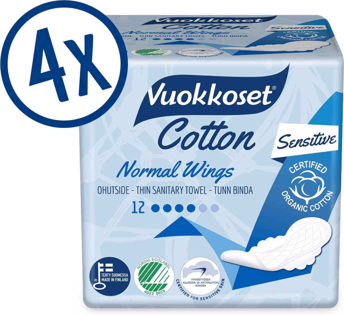 Goedkoopste Vuokkoset Organisch Katoen Serie - Normaal Maandverband Met Vleugels - 4 x 12 stuks - Gevoelige Huid - Biologisch Katoen - Milieuvriendelijk