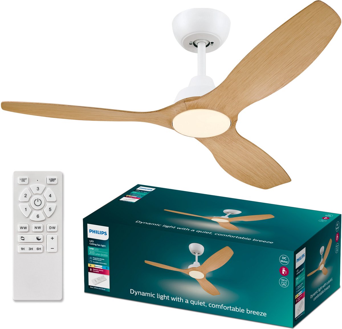 Philips Olas Ventilator - Energiezuinige LED verlichting - Plafondlamp - Instelbare kleurtemperatuur - 24W - 132cm diameter - Afstandsbediening - Wit met houtlook