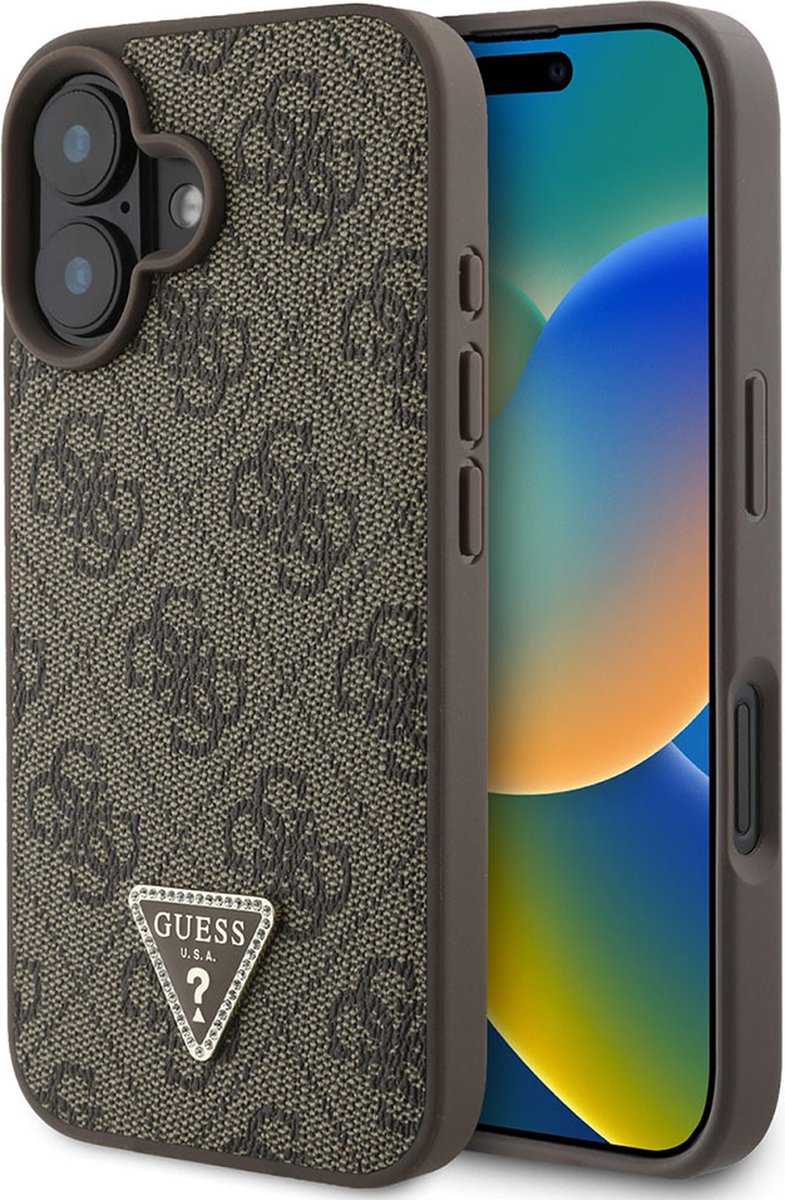 GUESS, Geschikt voor Apple iPhone 16 4G Edition Strass Triangle metallic hoesje, Bruin