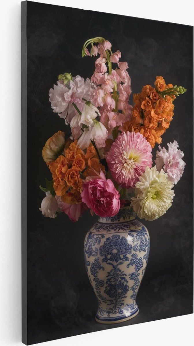 Saammp Canvas Schilderij - Kleurrijke Rozen in Klassieke vaas - bloemen - Natuur - 50x70 - Foto op canvas - Wanddecoratie - Muurdecoratie Woonkamer - Kantoor Decoratie Multicolor