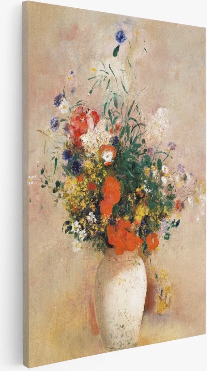 Saammp Canvas Schilderij - Kleurrijke bloemen in witte vaas - Abstract - 50x70 - Foto op canvas - Wanddecoratie - Muurdecoratie Woonkamer - Kantoor Decoratie Multicolor