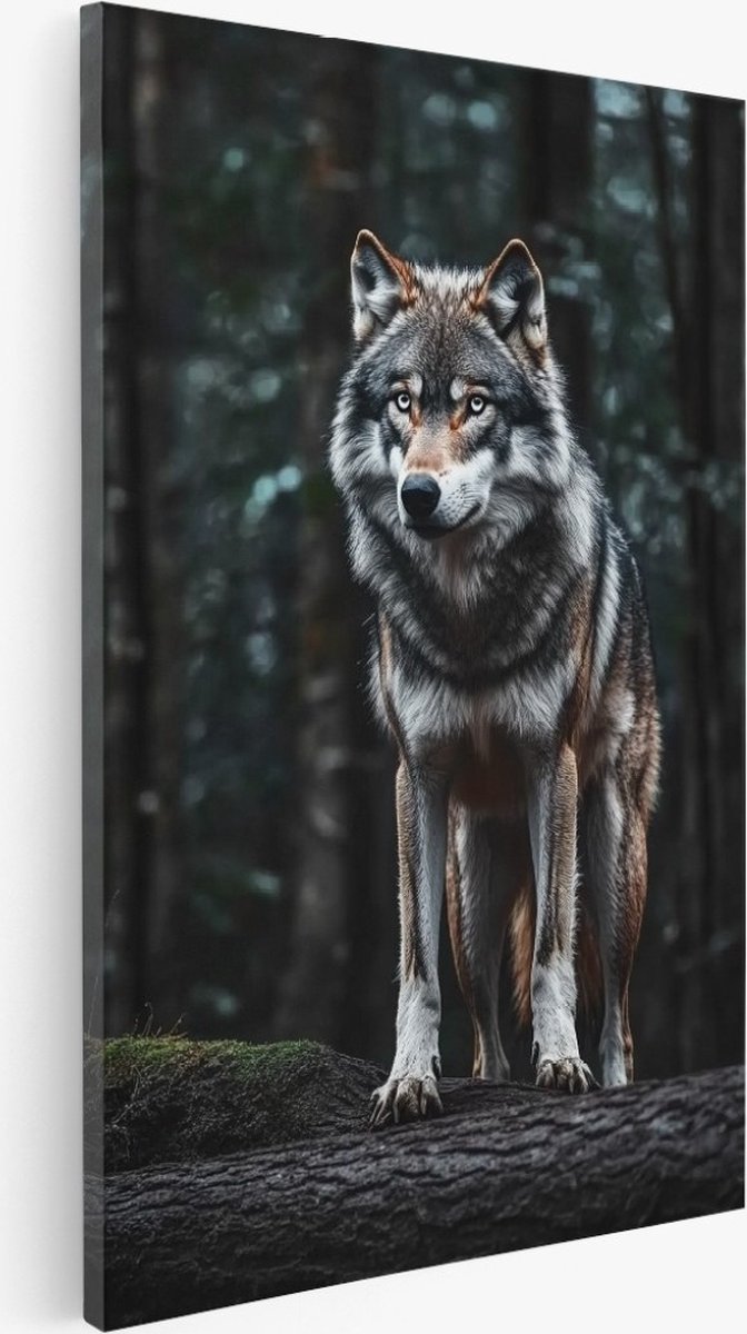 Saammp Canvas Schilderij - Wolf op Boomstronk - Natuur - Dieren - 100x150 - Foto op canvas - Wanddecoratie - Muurdecoratie Woonkamer - Slaapkamer decoratie - Canvas Print Multicolor