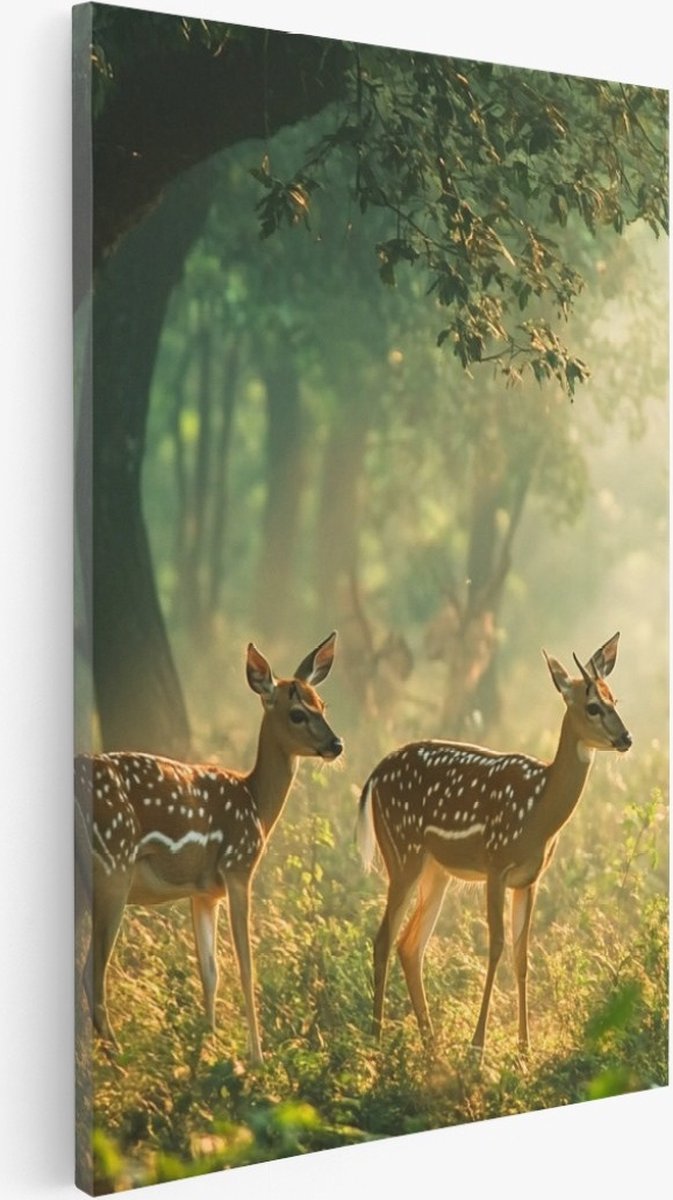 Saammp Canvas Schilderij - 2 Hertjes in het bos - Landschap - Natuur - 40x60 - Foto op canvas - Wanddecoratie - Muurdecoratie Woonkamer - Slaapkamer decoratie - Canvas Print Multicolor
