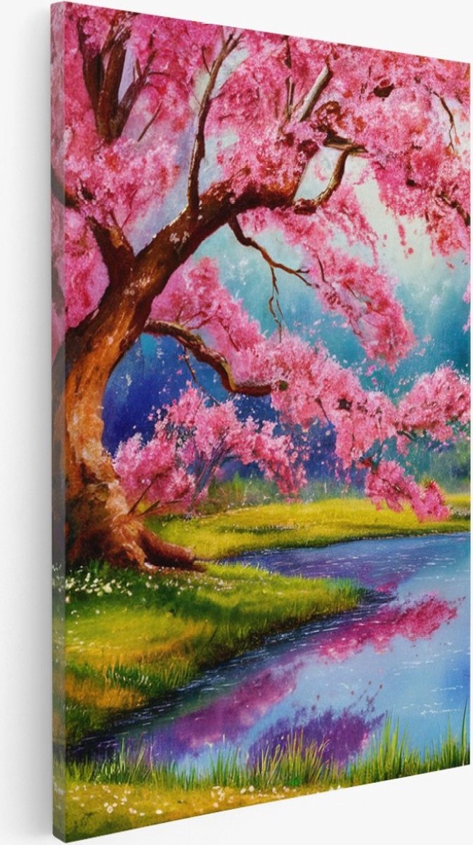 Saammp Canvas Schilderij - Roze boom aan een meer - Natuur - Landschap - 60x90 - Foto op canvas - Wanddecoratie - Muurdecoratie Woonkamer - Slaapkamer decoratie - Canvas Print Multicolor