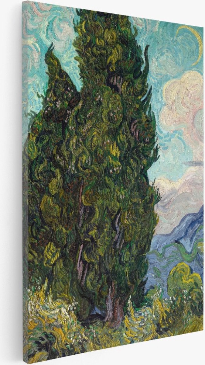 Saammp Canvas Schilderij - Vincent Van Gogh - Cypresses - Abstract - Kunst- 75x100 - Foto op canvas - Wanddecoratie - Muurdecoratie Woonkamer - Slaapkamer decoratie - Canvas Print Multicolor