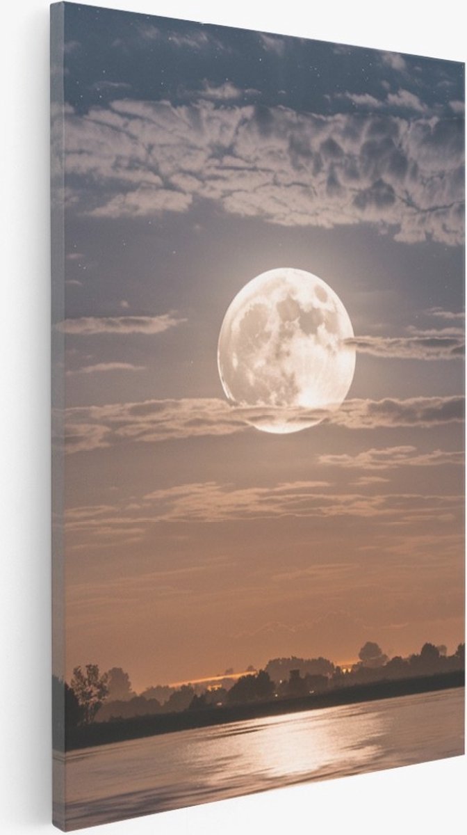 Saammp Canvas Schilderij - Maan boven de stad - Landschap - Natuur - 30x45 - Foto op canvas - Wanddecoratie - Muurdecoratie Woonkamer - Slaapkamer decoratie - Canvas Print Multicolor