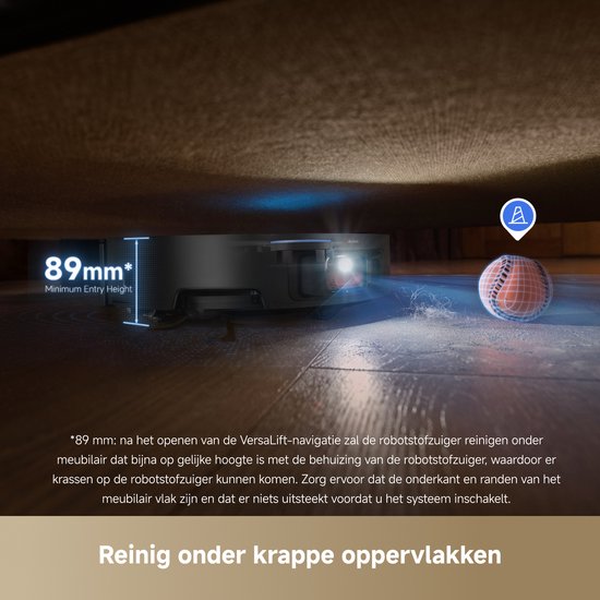 Robotstofzuiger reinigt onder lage meubels met een minimale instaphoogte van 89 mm.