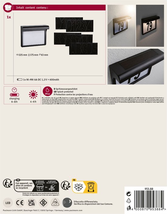 Paulmann Dayton II - Éclairage Solar numéro de maison - IP44