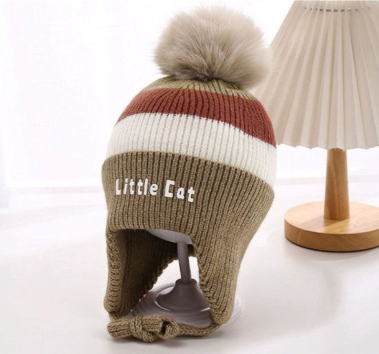 Decopatent LITTLE CAT - Muts Kind - Kinder muts met pompon - 6 Maanden t/m 6 jaar - Maat 48/52 - Kindermutsen Jongens & Meisjes - Gebreide Muts met Binnenvoering - Muts Baby / Peuter / Kleuter - Wintermuts - Kleur: Bruin met gekleurde Strepen