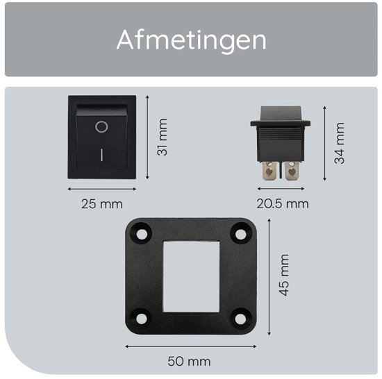 Afmetingen van de 2-polige KCD4 tuimelschakelaar en paneel.