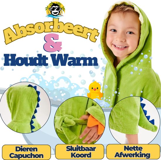 BoefieBoef Dinosaurus Groen Baby Badjas Kinderen 1-3 Jaar - Zachte Katoenen Ochtendjas met Capuchon - Absorberende Handdoek Badcape - Warme Peuter Badjas voor Waterpret, Na Bad & Zwemles - Jongens & Meisjes - Perfect Cadeau in 4 Kleuren! van Merkloos — afbeelding 4