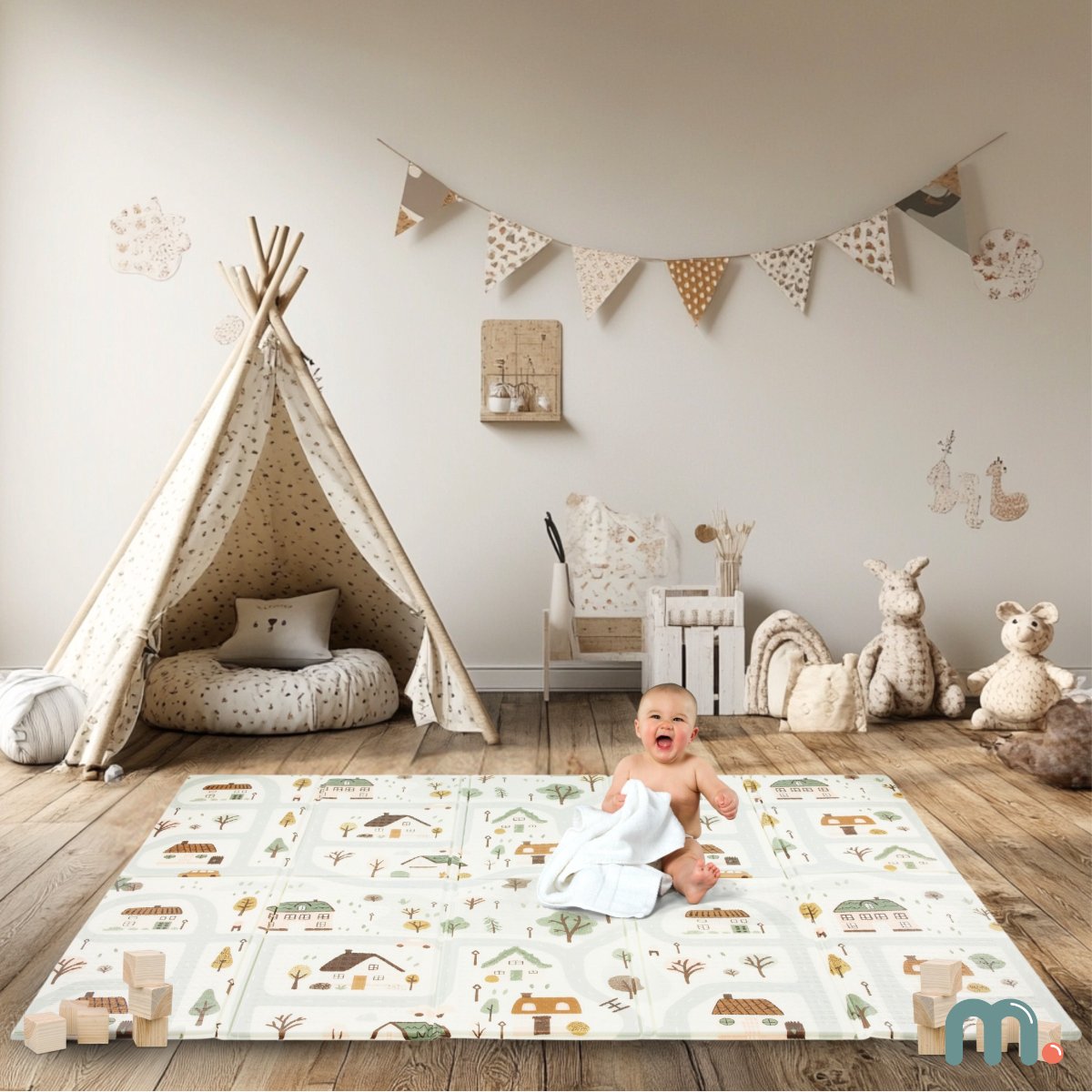 Mamabrum Dubbelzijdige Speelmat Vouwmat - 180 x 120 cm - Stad/Zandbeige — afbeelding 2
