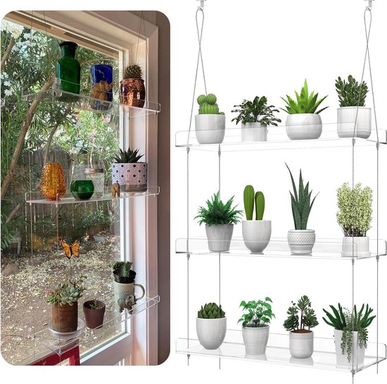 Foto: Heldere acryl opknoping plantenplanken raam muur plantenstandaard voor keuken binnentuinen bloem vetplanten kruiden zaailingen organisatie potten display