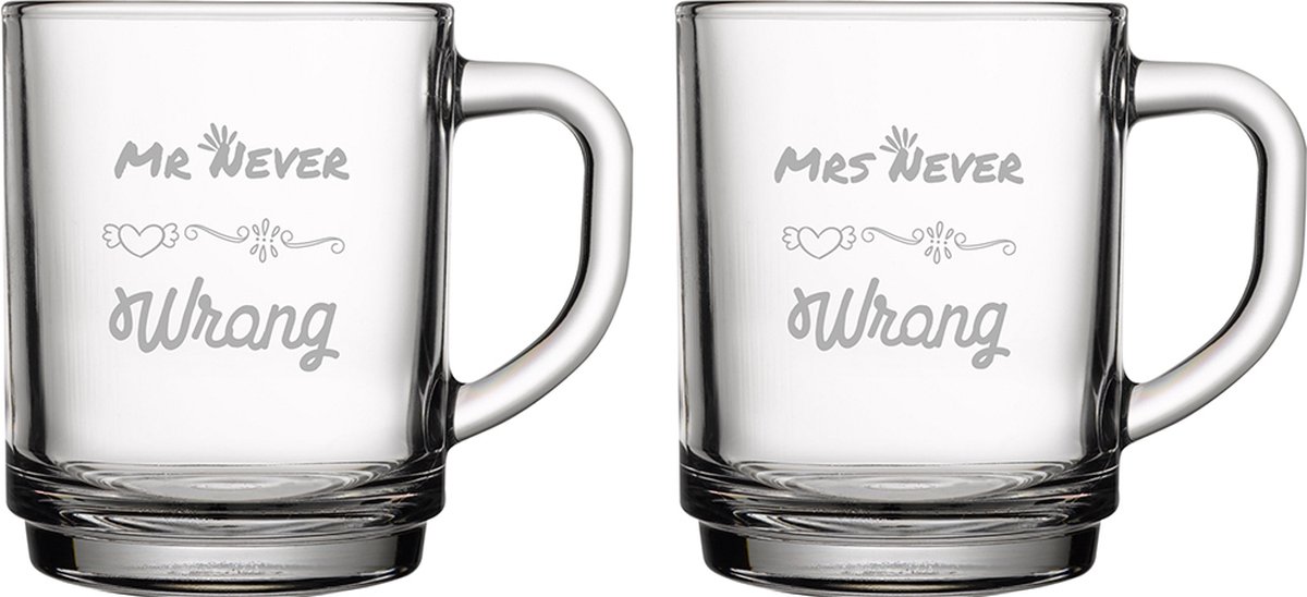 Gegraveerde set Theeglazen 25,5cl Mr. Never wrong - Mrs. Never wrong