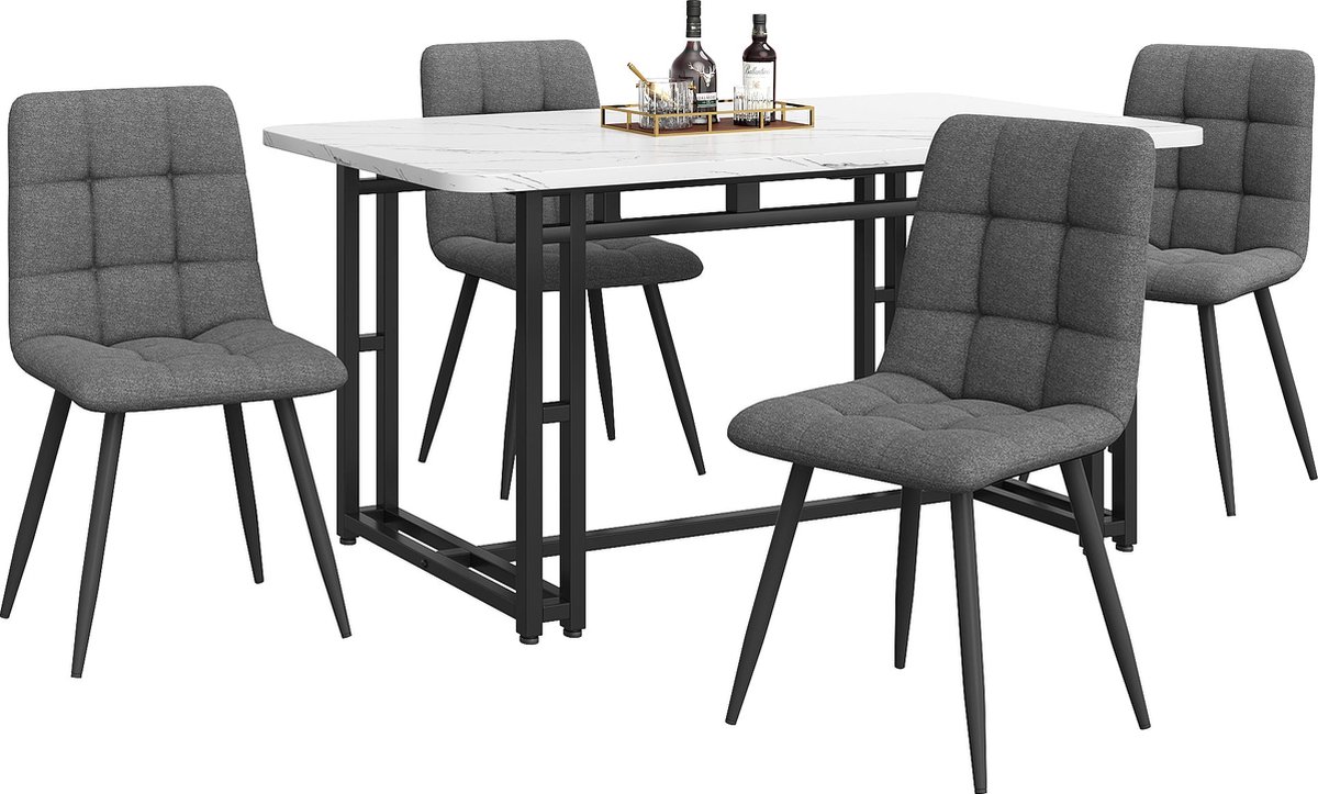 Merax Eetkamerset 5-Delig – Witte Eettafel 140x80 cm met 4 Donkergrijze Linnen Stoelen – Modern Design