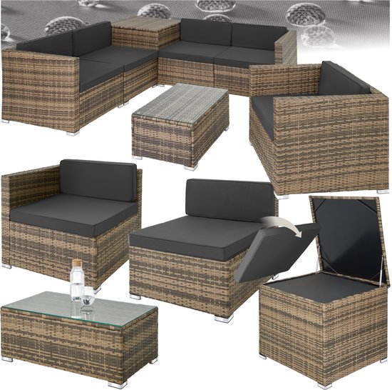 tectake® - wicker zitgroep met opbergbox voor kussens, tafel met glazen blad, vrij te groeperen tuinmeubelset, wicker lounge voor de tuin - balkonmeubel voor kleine balkons - natuurkleur - poly-rattan