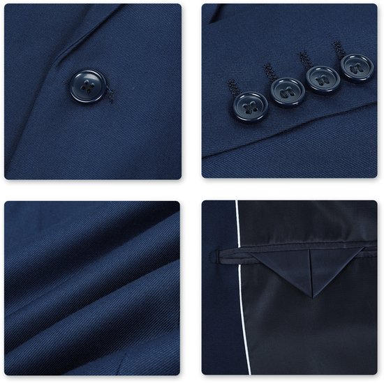 Details van een blauw kostuumjasje: knopen, zoom en voering.