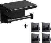 Knaak Set de porte-rouleau de papier toilette + 4 crochets porte-serviettes - Acier inoxydable - Suspendu sans Embouts - Étagère - Zwart