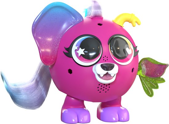 Roze speelgoedfiguur met grote ogen, een staart met kleuroverloop en een paarse staartbasis.