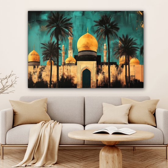 Peinture sur toile 120x80 cm - Décoration murale Mosquée - Or - Arabe - Islamique - Décoration murale salon - Décoration chambre - Accessoires chambre - Peintures sur toile