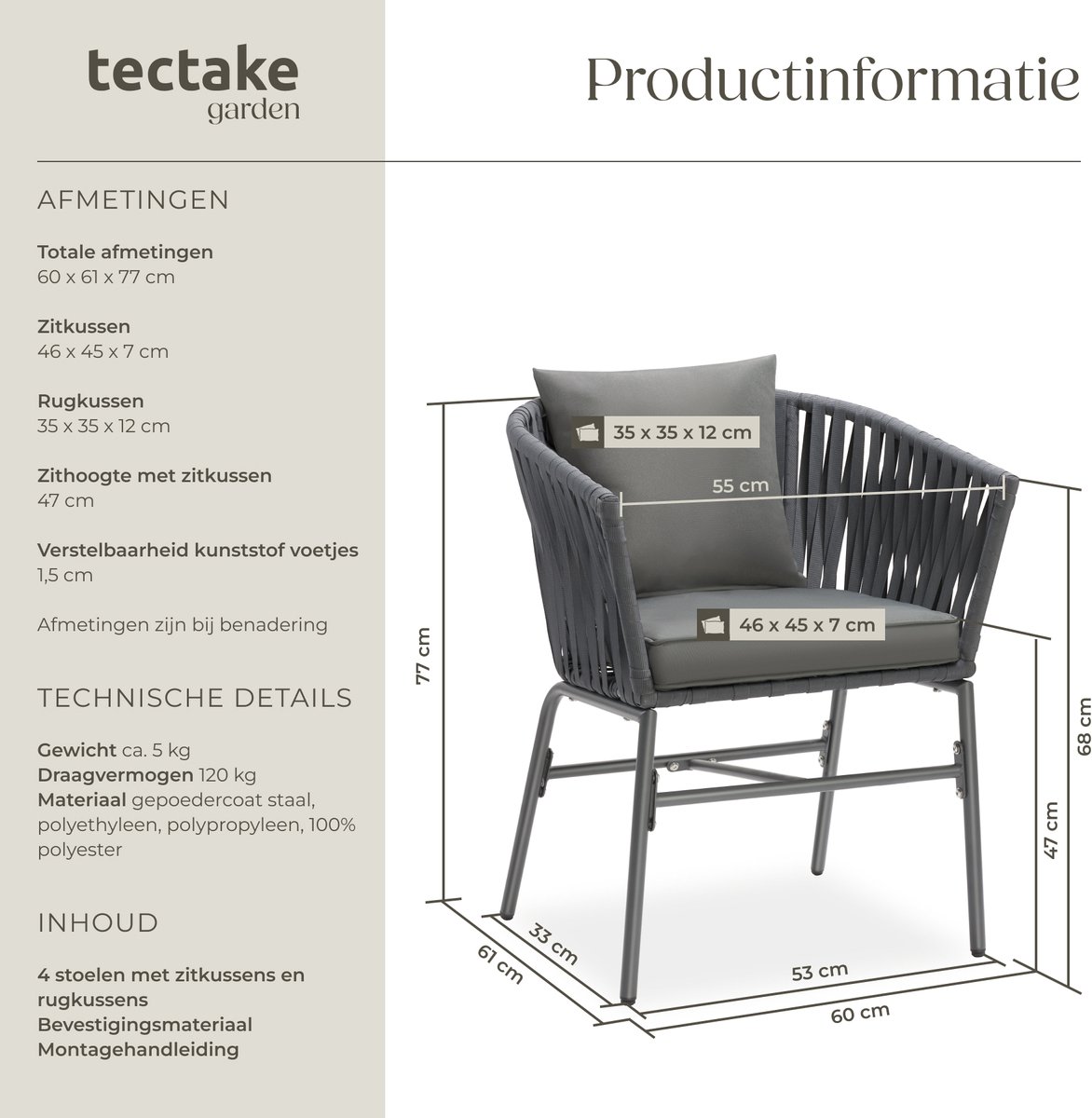 tectake® Tuinstoelen Valeiras - Set van 4 - Metalen Buitenstoel met Rope Design - Terrasstoel met Armleuningen - Tuinstoel - Tuin Fauteuil - Tuinmeubels - Tuinset met Waterafstotende Kussens en Verstelbare Poten – foto 6