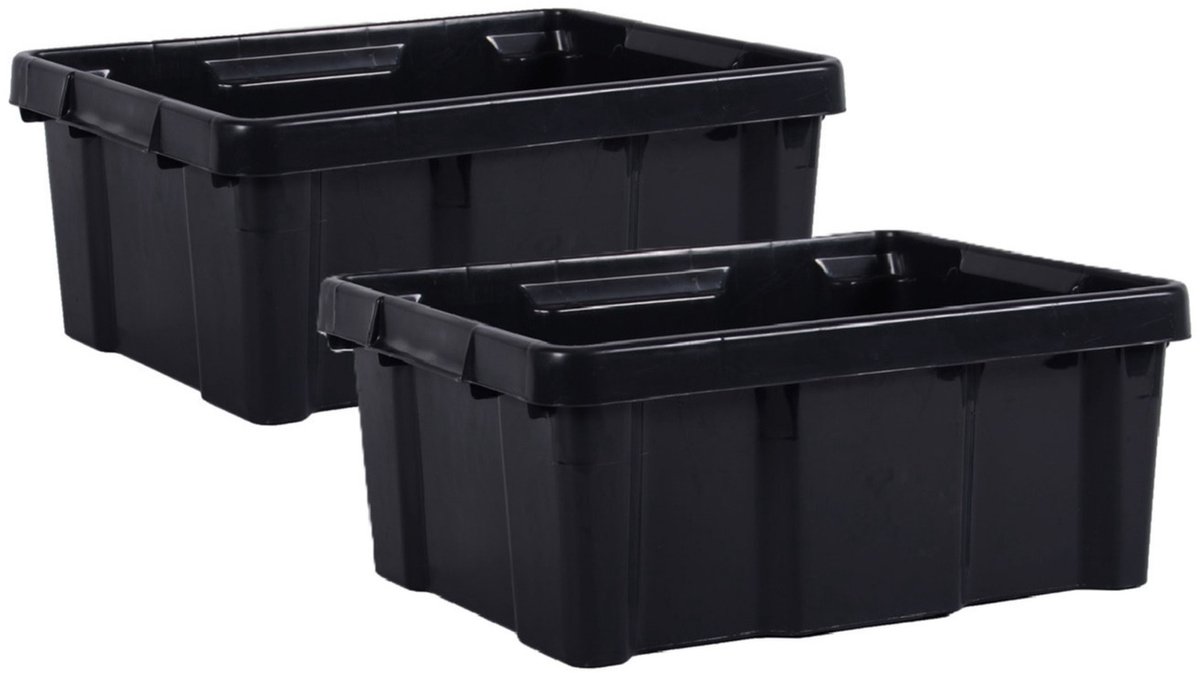 EDA Opbergbox/opbergkrat 20 L - 2x - zwart - kunststof - L43 x B34 x H17 - stapelbaar/nestbaar - opbergbak - opbergen
