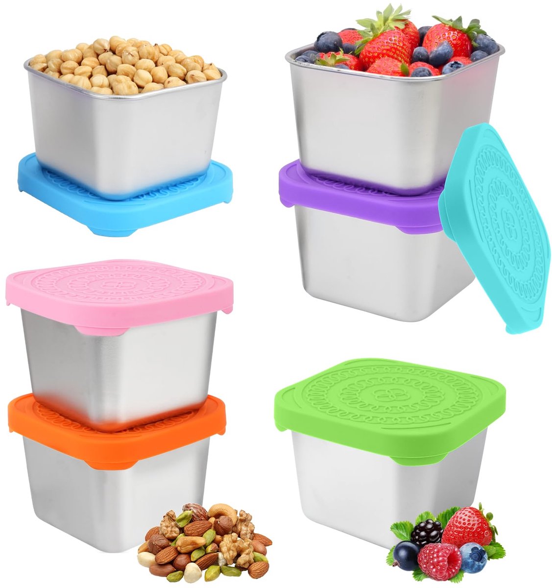 My Ninki ® Zesdelige Herbruikbare RVS Snackbox Set met Luchtdichte Deksel voor Kinderen en Volwassenen