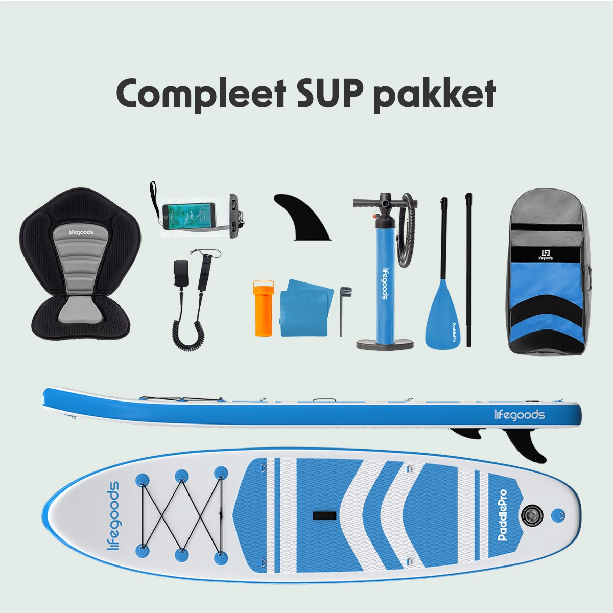 LifeGoods PaddlePro SUP Board - met Zitje - Opblaasbaar Paddle Board - Complete Set - Max. 150KG - 320x81cm - Wit/Sky Blue – foto 6