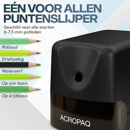 ACROPAQ - Elektrische puntenslijper - Automatische start en stop - Potloden met een diameter tot 7,5 mm - 1 slijpgat