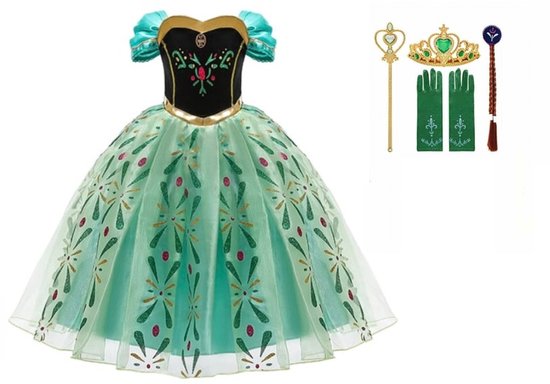 Frozen prinsessenjurk - Anna groene jurk - Het Betere Merk - maat 146/152 - Verkleedkleren Meisje- Tiara - Kroon - Vlechtjes