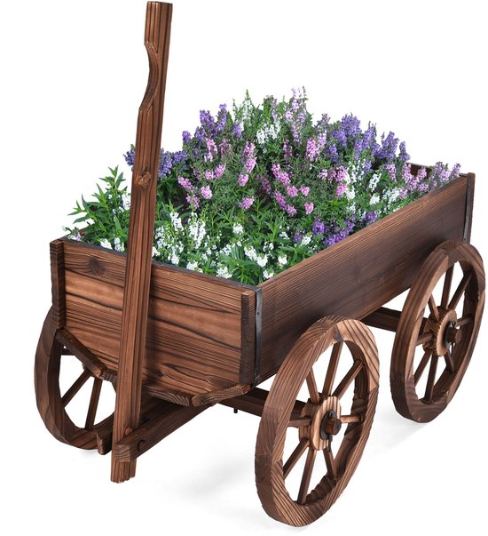 COSTWAY Chariot à fleurs en bois, chariot à plantes 4 roues, chariot à fleurs, chariot à pots de fleurs, décoration de jardin marron 120 x 43 x 53,5 cm