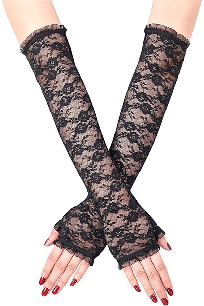 Zwarte handschoenen - lange - lace - kant - vingerloos - elegant - vrouwelijk - classy - sexy - chique - gala - verkleden - cosplay - carnaval - outfit - accessoire - party - dress up - carnavalskleding - verkleedkleren - verkleedkledij
