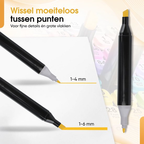 Deux marqueurs noirs avec de l'encre jaune. Un marqueur montre une pointe fine (1-4 mm), l'autre une pointe large (1-6 mm).
