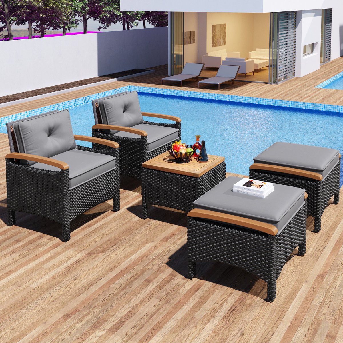 Sweiko Tuinset - Rotan meubels - 2 stoelen+2 hocker - met Tafel - inclusief alle kussens - Zwart+grijs