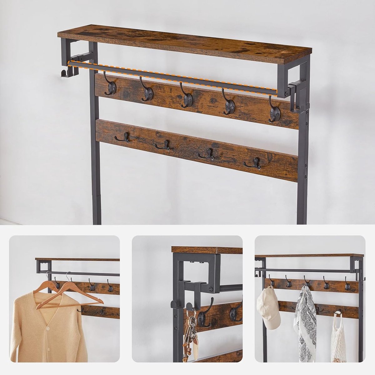 TRANKIELO® - Multifunctioneel Kledingrek met Schoenenrek – 5 Niveaus – Verstelbaar Metalen Rooster – Vintage Bruin – foto 8