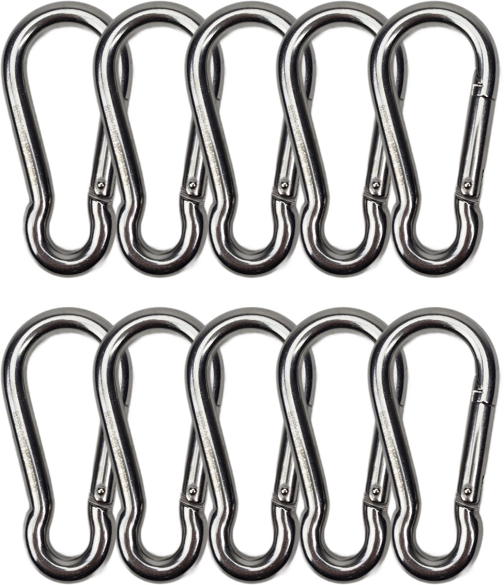 BCF-Products - Karabijnhaak - 10x100mm - 10 stuks - RVS 316 - Musketonhaak - Carabiner - Groot