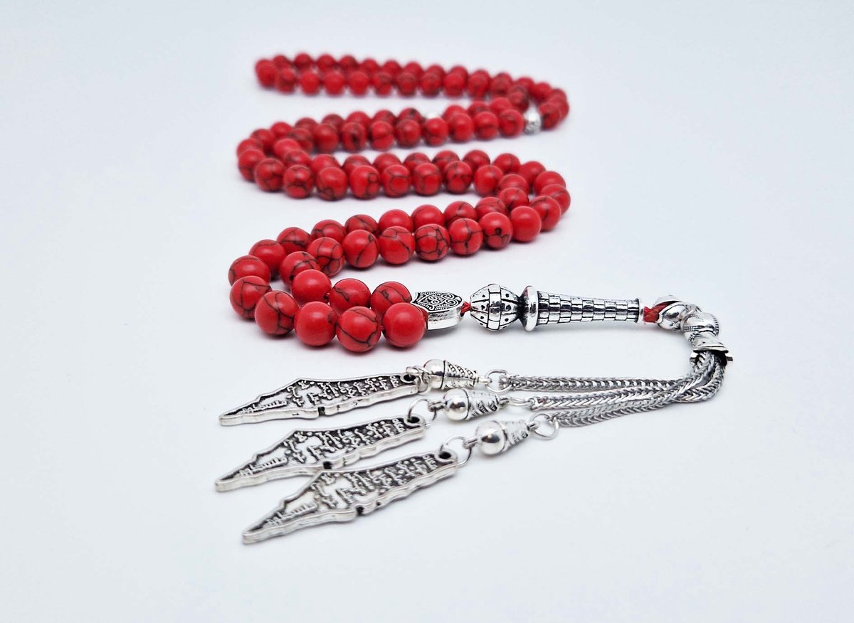 Handgemaakte tesbih "Tasbih" natuursteen "Rode howliet" - Aantal kralen 99 - Diameter kralen 8MM - met metaal tassel "Palestina" - Een mooi cadeau-idee