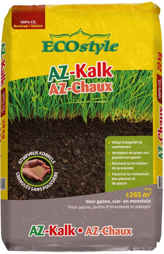 ECOstyle AZ Kalk - Micro Korrel – Voor Gazon, Sier- en Moestuin - Corrigeert Zuurgraad direct en langdurig - werkt tegen Mos - CO2-Neutraal – 265 M² - 20 KG