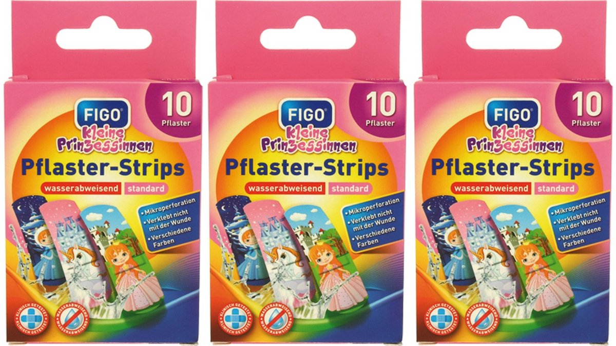 Figo® Prinsessen Kinderpleisters – 3 × 10 Stuks – Prinses– 56 × 18 mm – Waterbestendig – Diverse Prints