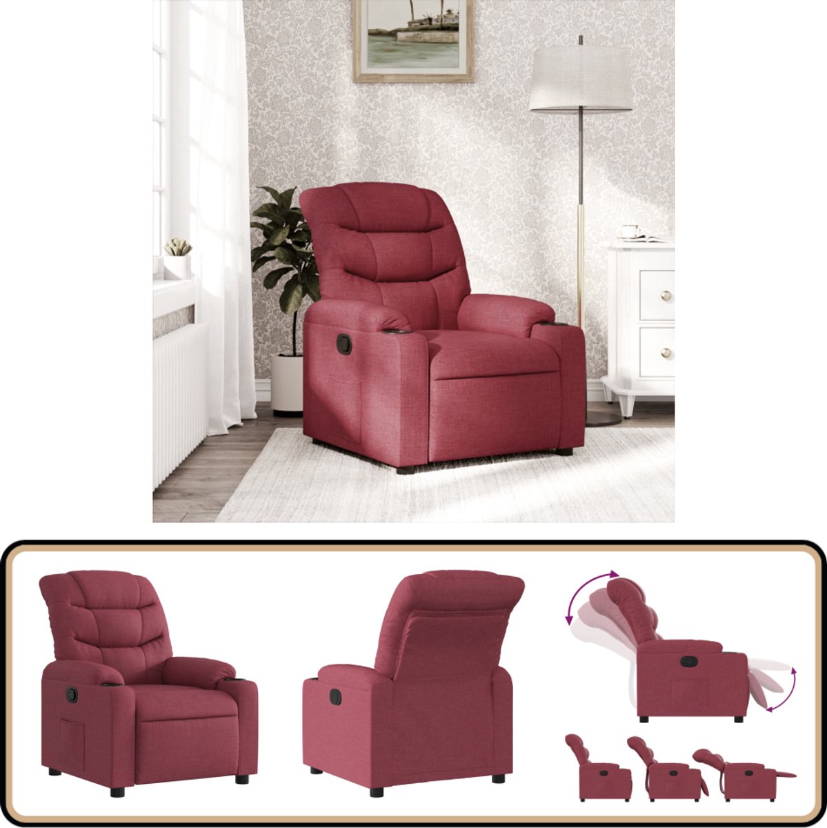 Fauteuil Inclinable électrique Avec Fonction Levage - Tissu Bordeaux - Capacité 110 Kg - Dimensions Réglables Pour Salon - 4