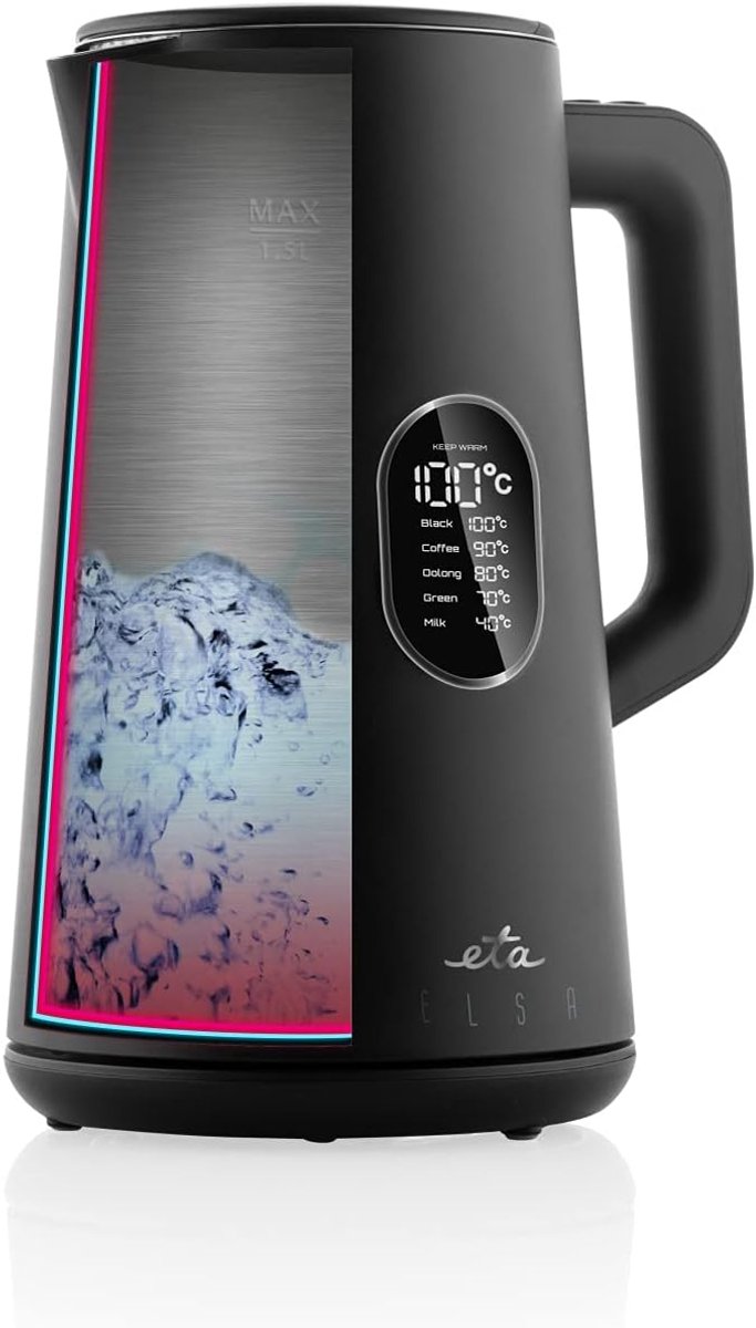 Waterkoker met Temperatuurinstelling 1,5L 1800W - LED Display, Warmhoudfunctie, Zwart